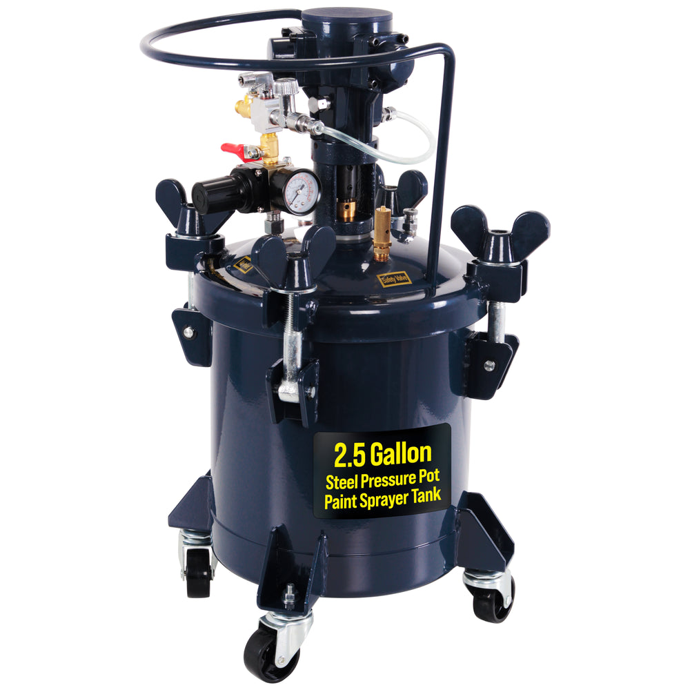 2.5 Gallon (10 Liter) Heavy Duty Steel Pressure Pot Paint Tank with Air Powered Mixing Agitator, Clamp on Lid, Regulator & Pressure Gauge for