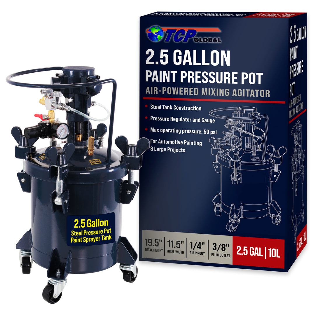 2.5 Gallon (10 Liter) Heavy Duty Steel Pressure Pot Paint Tank with Air Powered Mixing Agitator, Clamp on Lid, Regulator & Pressure Gauge for