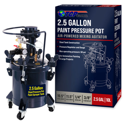 2.5 Gallon (10 Liter) Heavy Duty Steel Pressure Pot Paint Tank with Air Powered Mixing Agitator, Clamp on Lid, Regulator & Pressure Gauge for