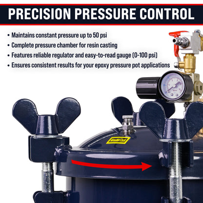2.5 Gallon (10 Liter) Heavy Duty Steel Pressure Pot for Resin Casting with Clamp on Lid, Caster Wheels, Regulator & Gauge, Large Volume Epoxy Resin