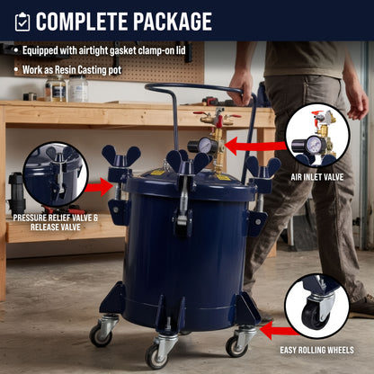 2.5 Gallon (10 Liter) Heavy Duty Steel Pressure Pot for Resin Casting with Clamp on Lid, Caster Wheels, Regulator & Gauge, Large Volume Epoxy Resin