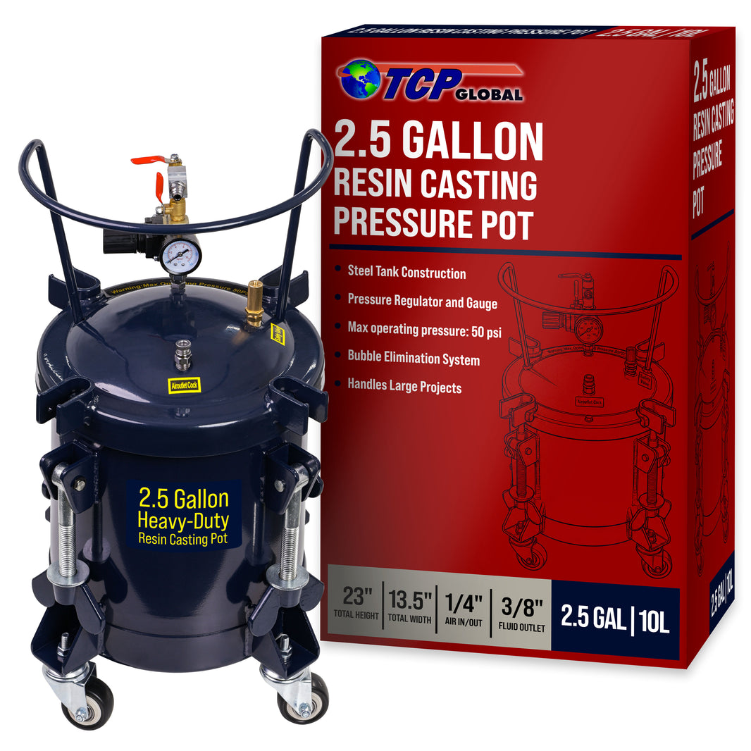 2.5 Gallon (10 Liter) Heavy Duty Steel Pressure Pot for Resin Casting with Clamp on Lid, Caster Wheels, Regulator & Gauge, Large Volume Epoxy Resin