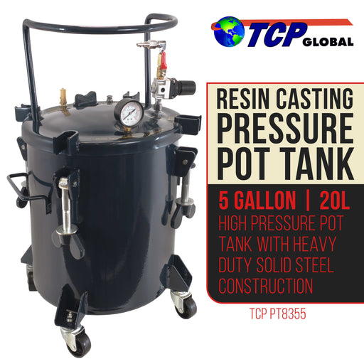 5 Gallon (20 Liters) Pressure Pot Tank for Resin Casting - Heavy Duty Powder Coated Pot with Air Tight Clamp On Lid, Caster Wheels, Regulator, Gauge