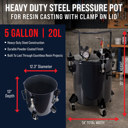5 Gallon (20 Liter) Heavy Duty Steel Pressure Pot for Resin Casting with Clamp on Lid, Caster Wheels, Regulator & Gauge, Large Volume Epoxy Resin