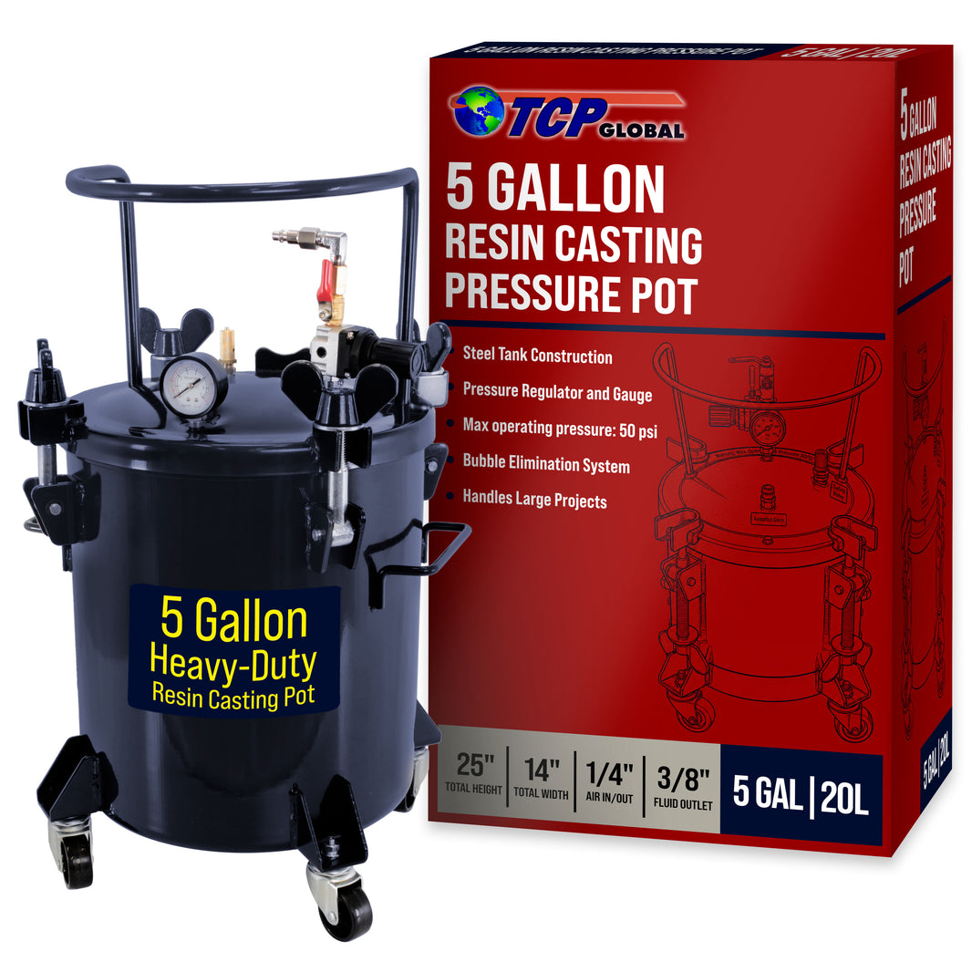 5 Gallon (20 Liter) Heavy Duty Steel Pressure Pot for Resin Casting with Clamp on Lid, Caster Wheels, Regulator & Gauge, Large Volume Epoxy Resin