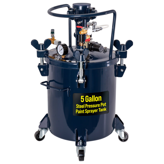 5 Gallon (20 Liter) Heavy Duty Steel Pressure Pot Paint Tank with Air Powered Mixing Agitator, Clamp on Lid, Regulator & Pressure Gauge for Painting