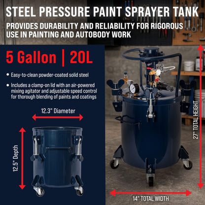 5 Gallon (20 Liter) Heavy Duty Steel Pressure Pot Paint Tank with Air Powered Mixing Agitator, Clamp on Lid, Regulator & Pressure Gauge for Painting
