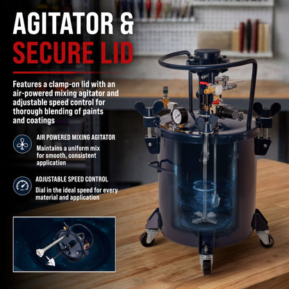 5 Gallon (20 Liter) Heavy Duty Steel Pressure Pot Paint Tank with Air Powered Mixing Agitator, Clamp on Lid, Regulator & Pressure Gauge for Painting