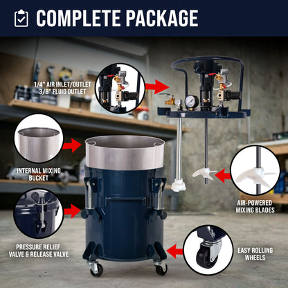 5 Gallon (20 Liter) Heavy Duty Steel Pressure Pot Paint Tank with Air Powered Mixing Agitator, Clamp on Lid, Regulator & Pressure Gauge for Painting