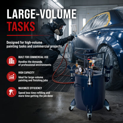 5 Gallon (20 Liter) Heavy Duty Steel Pressure Pot Paint Tank with Air Powered Mixing Agitator, Clamp on Lid, Regulator & Pressure Gauge for Painting