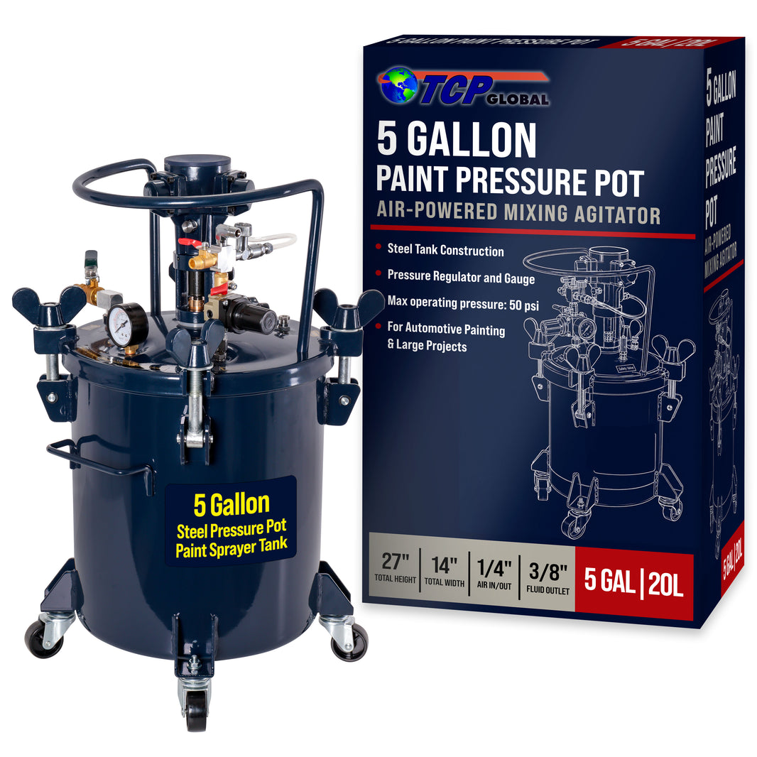 5 Gallon (20 Liter) Heavy Duty Steel Pressure Pot Paint Tank with Air Powered Mixing Agitator, Clamp on Lid, Regulator & Pressure Gauge for Painting