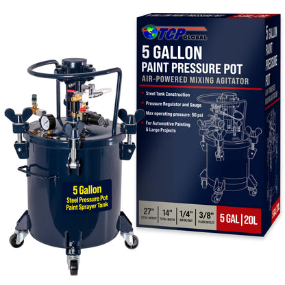 5 Gallon (20 Liter) Heavy Duty Steel Pressure Pot Paint Tank with Air Powered Mixing Agitator, Clamp on Lid, Regulator & Pressure Gauge for Painting