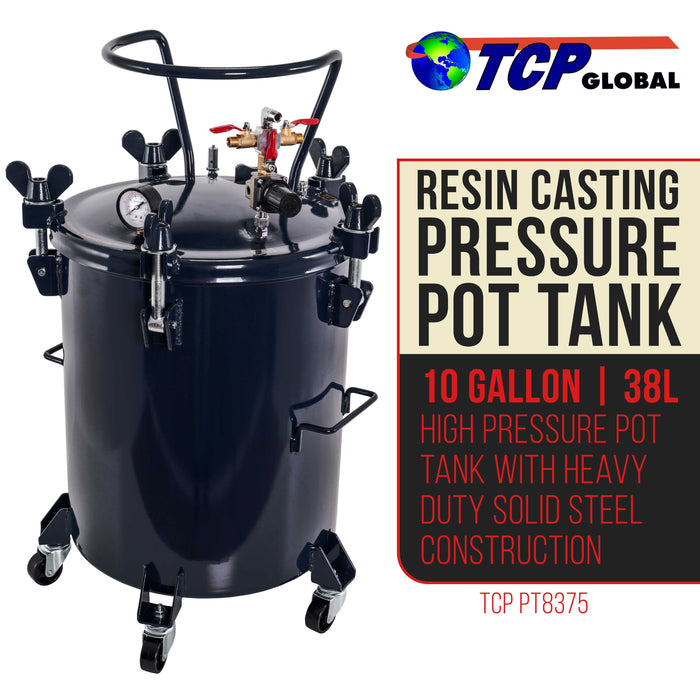 10 Gallon (38 Liters) Pressure Pot Tank for Resin Casting - Heavy Duty Powder Coated Pot with Air Tight Clamp On Lid, Caster Wheels, Regulator, Gauge