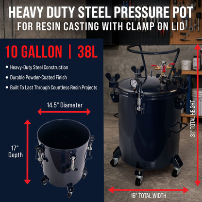 10 Gallon (38 Liter) Heavy Duty Steel Pressure Pot for Resin Casting with Clamp on Lid, Caster Wheels, Regulator & Gauge, Large Volume Epoxy Resin