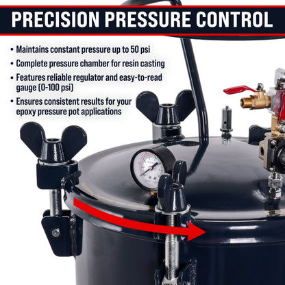 10 Gallon (38 Liter) Heavy Duty Steel Pressure Pot for Resin Casting with Clamp on Lid, Caster Wheels, Regulator & Gauge, Large Volume Epoxy Resin