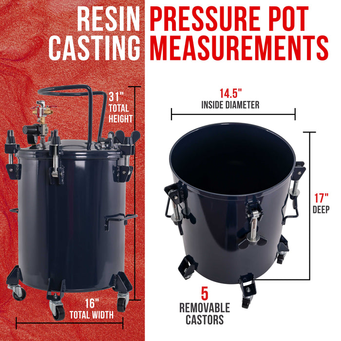 10 Gallon (38 Liters) Pressure Pot Tank for Resin Casting - Heavy Duty Powder Coated Pot with Air Tight Clamp On Lid, Caster Wheels, Regulator, Gauge
