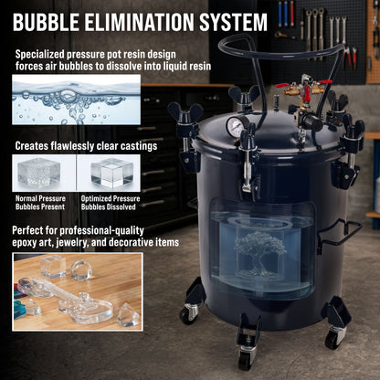 10 Gallon (38 Liter) Heavy Duty Steel Pressure Pot for Resin Casting with Clamp on Lid, Caster Wheels, Regulator & Gauge, Large Volume Epoxy Resin