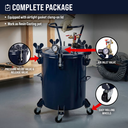 10 Gallon (38 Liter) Heavy Duty Steel Pressure Pot for Resin Casting with Clamp on Lid, Caster Wheels, Regulator & Gauge, Large Volume Epoxy Resin