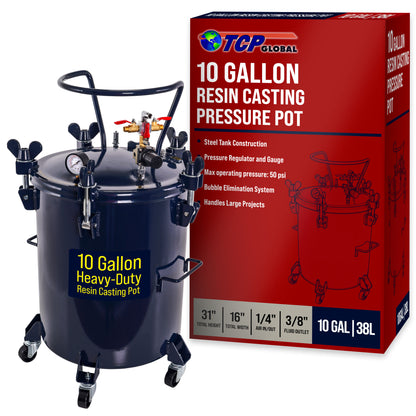10 Gallon (38 Liter) Heavy Duty Steel Pressure Pot for Resin Casting with Clamp on Lid, Caster Wheels, Regulator & Gauge, Large Volume Epoxy Resin
