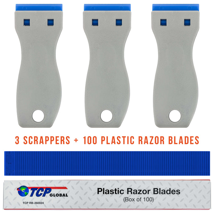 3-Piece Window Glass Scraper Razor Blade Holders with Plastic Razor Blades (Box Of 100)