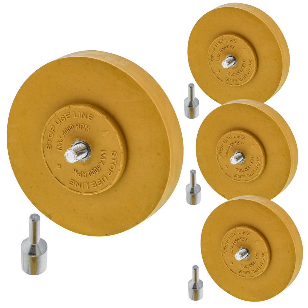 Rubber Eraser Wheel with Drill Adapter (Pack of 4) Decal Remover Wheel - Sticker Remover Tool - Pinstripe Removal - Emblem Removal Tool - Removes Adhesives on Car, Auto, Boat, RV & Signs