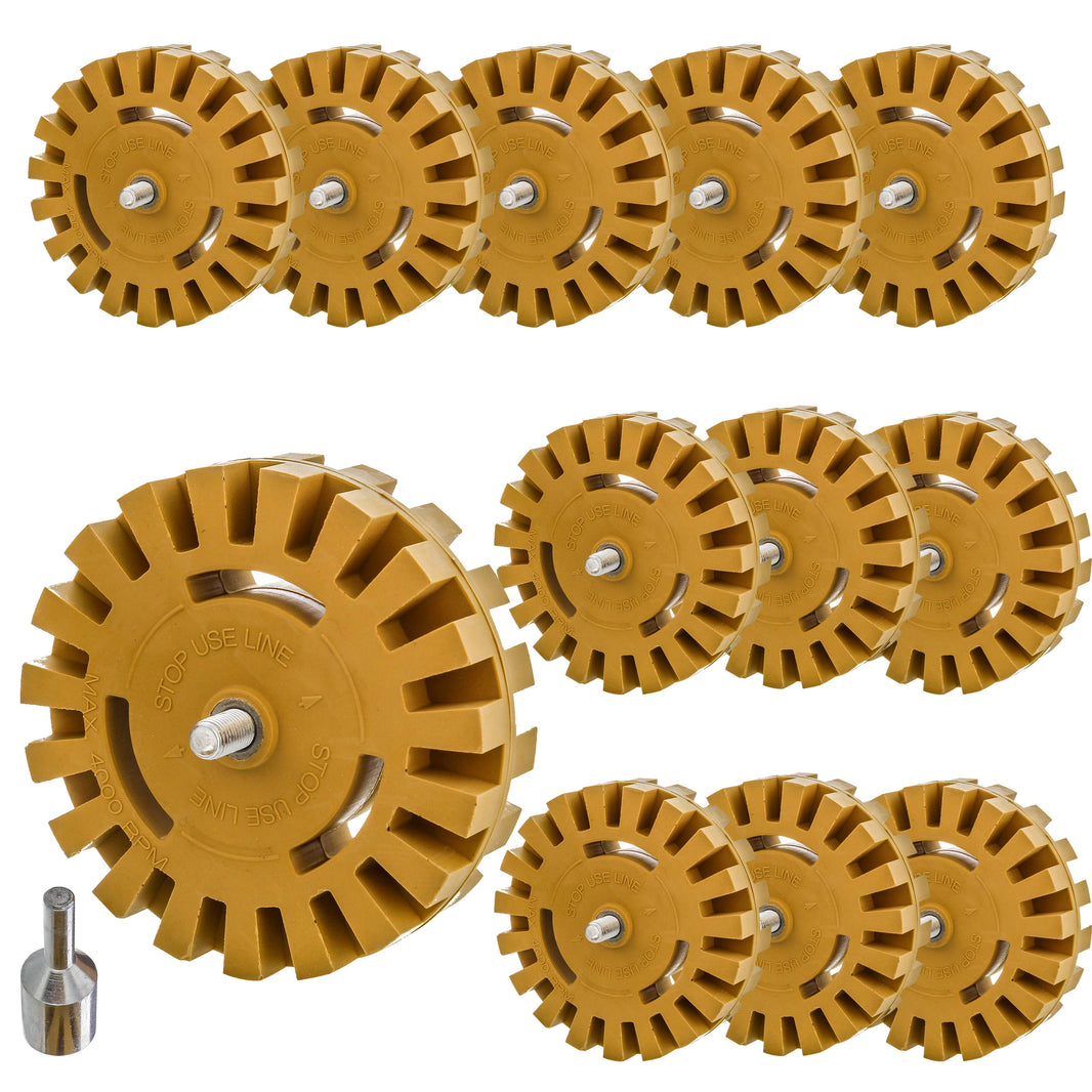 Rubber Eraser Wheel with Drill Adapter (12 Pack) - 4" Knobby Slotted Edge Pad - Decal Remover Wheel - Sticker Remover Tool - Removes Adhesives on