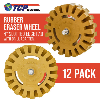 Rubber Eraser Wheel with Drill Adapter (12 Pack) - 4" Knobby Slotted Edge Pad - Decal Remover Wheel - Sticker Remover Tool - Removes Adhesives on