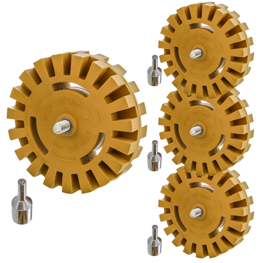 Rubber Eraser Wheel with Drill Adapter (4 Pack) - 4" Knobby Slotted Edge Pad - Decal Remover Wheel - Sticker Remover Tool - Removes Adhesives on Car