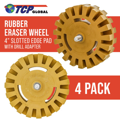 Rubber Eraser Wheel with Drill Adapter (4 Pack) - 4" Knobby Slotted Edge Pad - Decal Remover Wheel - Sticker Remover Tool - Removes Adhesives on Car