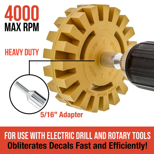 TCP Global Heavy Duty Rubber Eraser Wheel, 4” Slotted Edge Pad with Drill Adapter - Adhesive Remover Tool, Remove Vinyl Decals, Pinstripes, Graphics