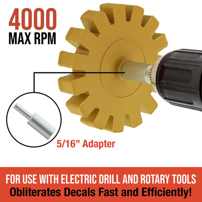 Rubber Eraser Wheel with Drill Adapter - 3.5" Knobby Slotted Edge Pad - Decal Remover Wheel - Sticker Remover Tool - Pinstripe Removal - Removes