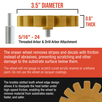 Rubber Eraser Wheel with Drill Adapter - 3.5" Knobby Slotted Edge Pad - Decal Remover Wheel - Sticker Remover Tool - Pinstripe Removal - Removes
