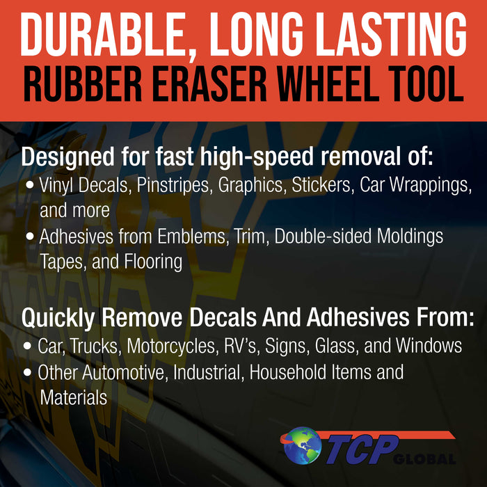 TCP Global Knobby Edge Rubber Eraser Wheel 3.5” Pad includes Drill Adapter - Pinstripe, Adhesive Remover, Vinyl Decal, Graphics Removal Tool