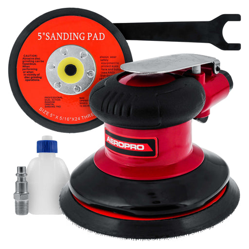 Professional Heavy Duty 5" Dual-Action Random Orbit Air Palm Sander with Both PSA and Hook & Loop Backing Pads - Orbital Pneumatic Sanding Disc Sander