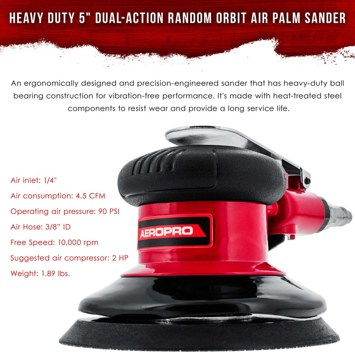 Professional Heavy Duty 5" Dual-Action Random Orbit Air Palm Sander with Both PSA and Hook & Loop Backing Pads - Orbital Pneumatic Sanding Disc Sander