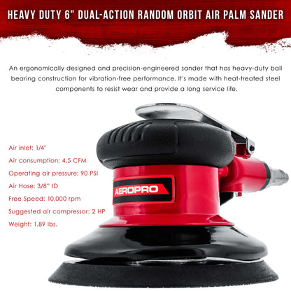 Professional Heavy Duty 6" Dual-Action Random Orbit Air Palm Sander with Both PSA and Hook & Loop Backing Pads - Orbital Pneumatic Sanding Disc Sander