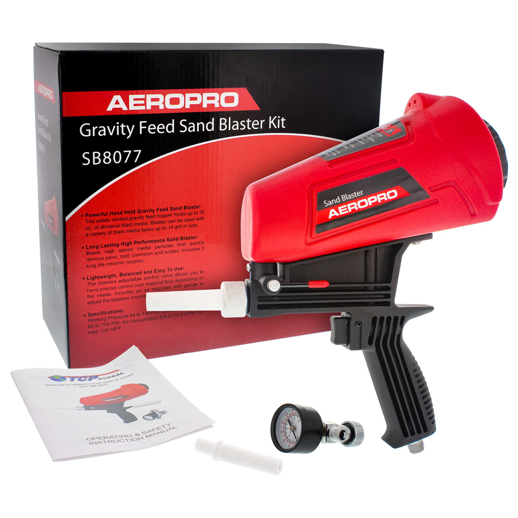 Gravity Feed Sand Blaster Gun Kit - Portable Air Compressor Sandblaster, 2 Ceramic Nozzles & Regulator - Abrasive Media & Soda Blaster - Rust, Metal