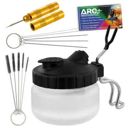 Airbrush Cleaning Kit 13-Piece, Airbrushing Cleaner Set with 1 Glass Pot Jar, 5 Cleaning Needles, 5 Brushes, 1 Wash Needle & How-To Airbrush, Cleaner