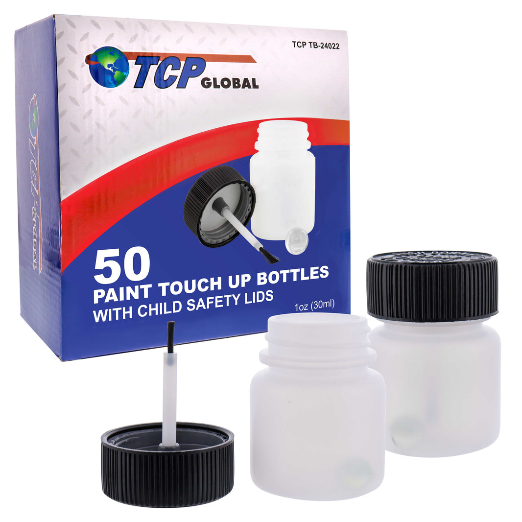 1-Ounce Paint Touch-Up Bottles with Safety Lids (Box of 50), Mixing Ball, and Applicator Brush - 30ml Fluid Capacity for Auto, Car, and Craft Projects