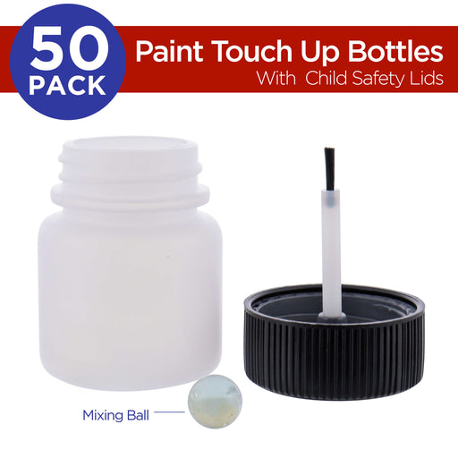 TCP Global Paint Touch Up Bottles with Child Safety Lids (Box of 50) - 1 Ounce (30ml), Mixing Ball, Touch-Up Applicator Brush - Fix Chips, Scratches