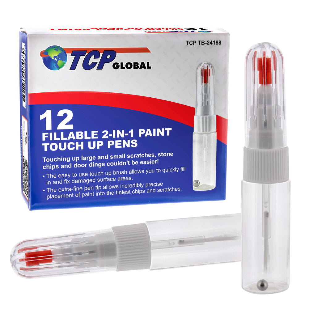 TCP Global Fillable 2-in-1 Paint Touch-Up Applicator Pens (Box of 12) - Precision Fine Tip Writer Pen Brush - Fix Auto Paint Chips, Scratches, Detail