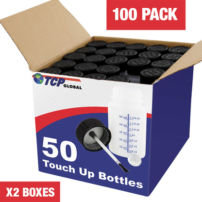 2-Ounce Paint Touch-Up Bottles with Safety Lids (Box of 100), Mixing Ball, and Applicator Brush - 60ml Fluid Capacity for Auto, Car, and Craft