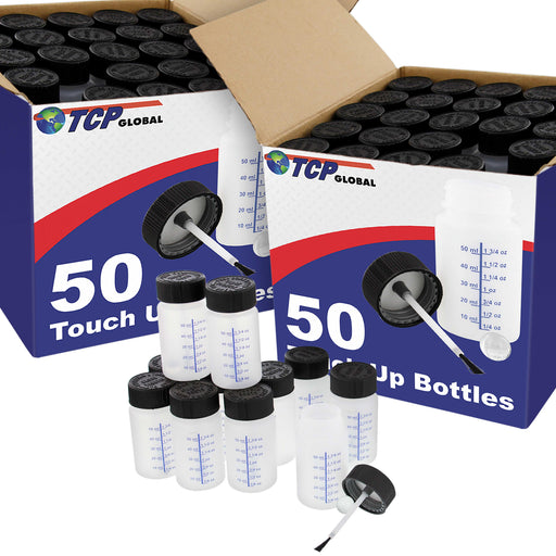 2-Ounce Paint Touch-Up Bottles with Safety Lids (Box of 100), Mixing Ball, and Applicator Brush - 60ml Fluid Capacity for Auto, Car, and Craft Projects