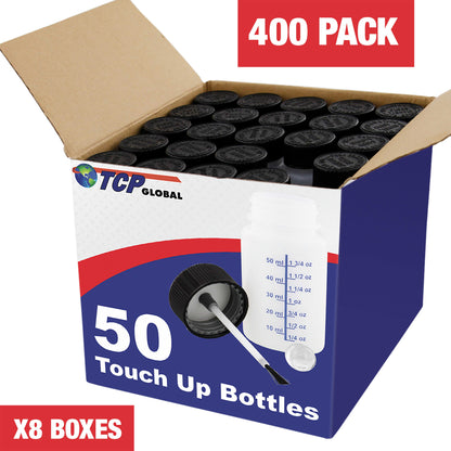 2-Ounce Paint Touch-Up Bottles with Safety Lids (Box of 400), Mixing Ball, and Applicator Brush - 60ml Fluid Capacity for Auto, Car, and Craft