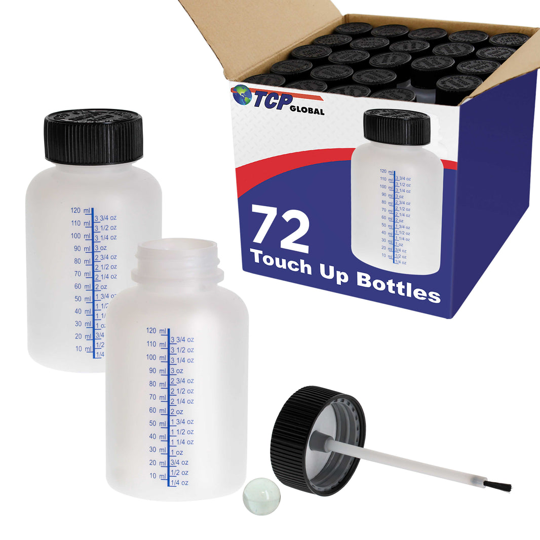 4.5-Ounce Paint Touch-Up Bottles with Safety Lids (Box of 72), Mixing Ball, and Applicator Brush - 140ml Fluid Capacity for Auto, Car, and Craft