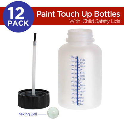 4.5-Ounce Paint Touch-Up Bottles with Safety Lids (Box of 12), Mixing Ball, and Applicator Brush - 140ml Fluid Capacity for Auto, Car, and Craft