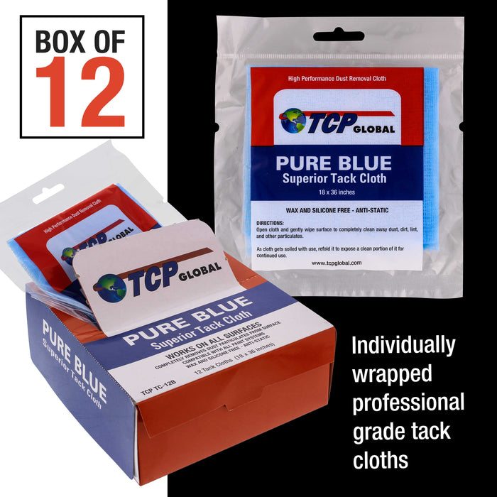 Pure Blue Superior Tack Cloths - Tack Rags (Box of 12) - Automotive Car Painters Grade - Wax and Silicone Free, Anti-Static