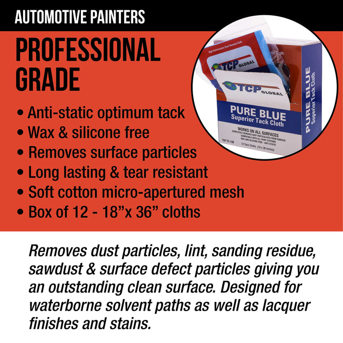 Pure Blue Superior Tack Cloth, 12-Pack, Automotive & Woodworking, Dust/Stain/Paint Rags, Tac Cloth for Autobody