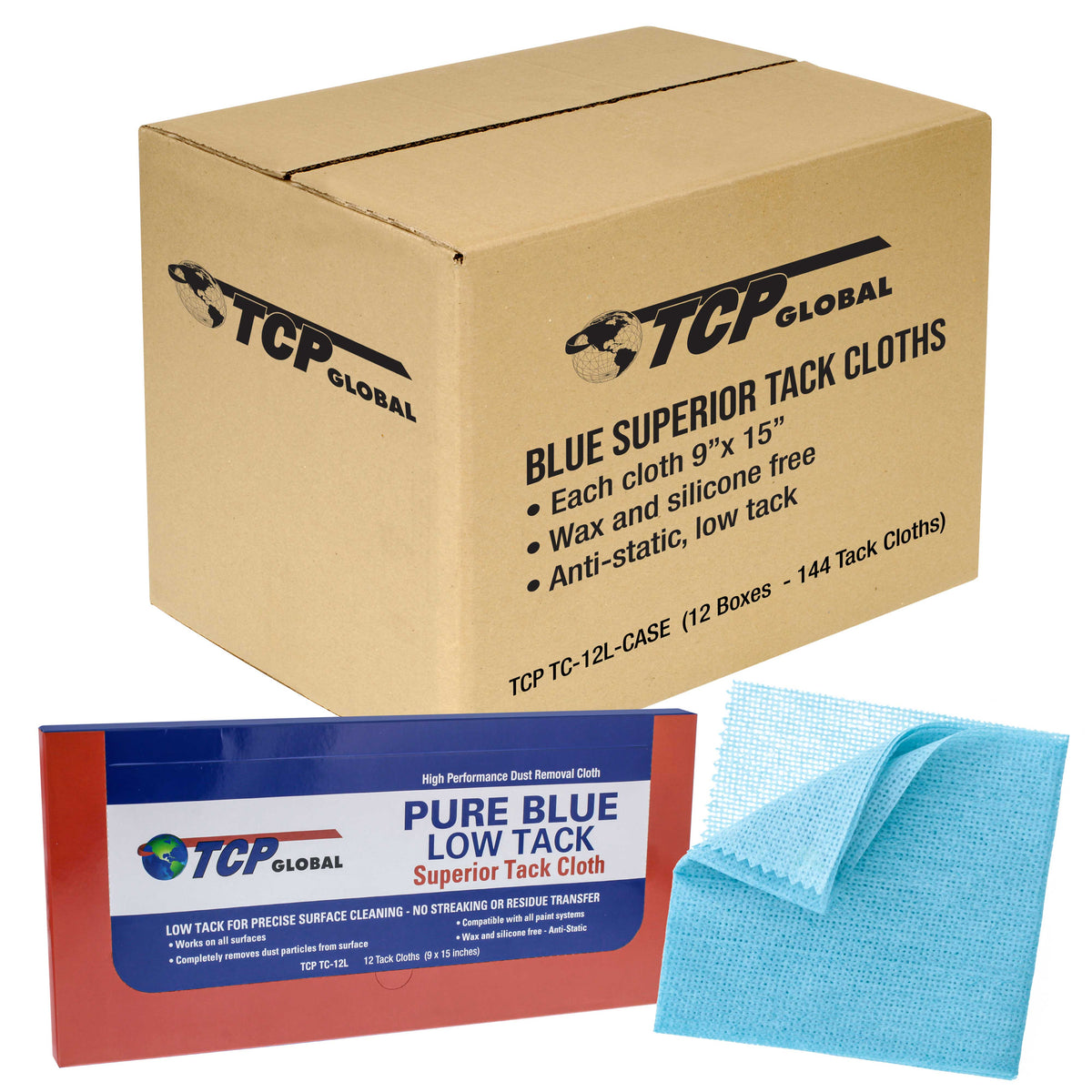 TCP Global - Pure Blue Low Tack Superior Tack Cloths - Tack Rags (Case of 144), Automotive Car Painters, Removes Dust Sanding Particles, Cleans