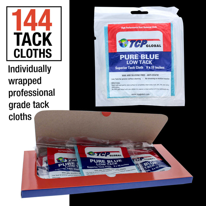 TCP Global - Pure Blue Low Tack Superior Tack Cloths - Tack Rags (Case of 144), Automotive Car Painters, Removes Dust Sanding Particles, Cleans